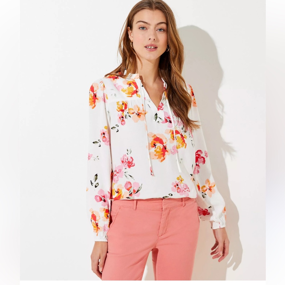 LOFT Floral Tie Neck Blouse Split Neck Long Sleeve White Pink Small